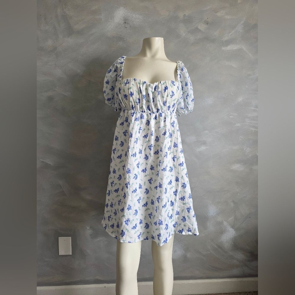 Princess Polly Lets Dance Mini Dress Cotton Gauze Babydoll Blue Floral 12 NWT
